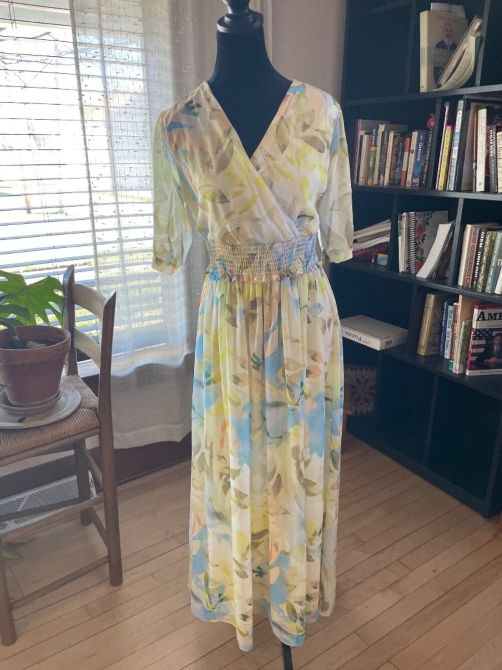 Y2K Flowy Floral Maxi Dress 6 Smocked Waist Chiffon Butter Yellow Coquette Art